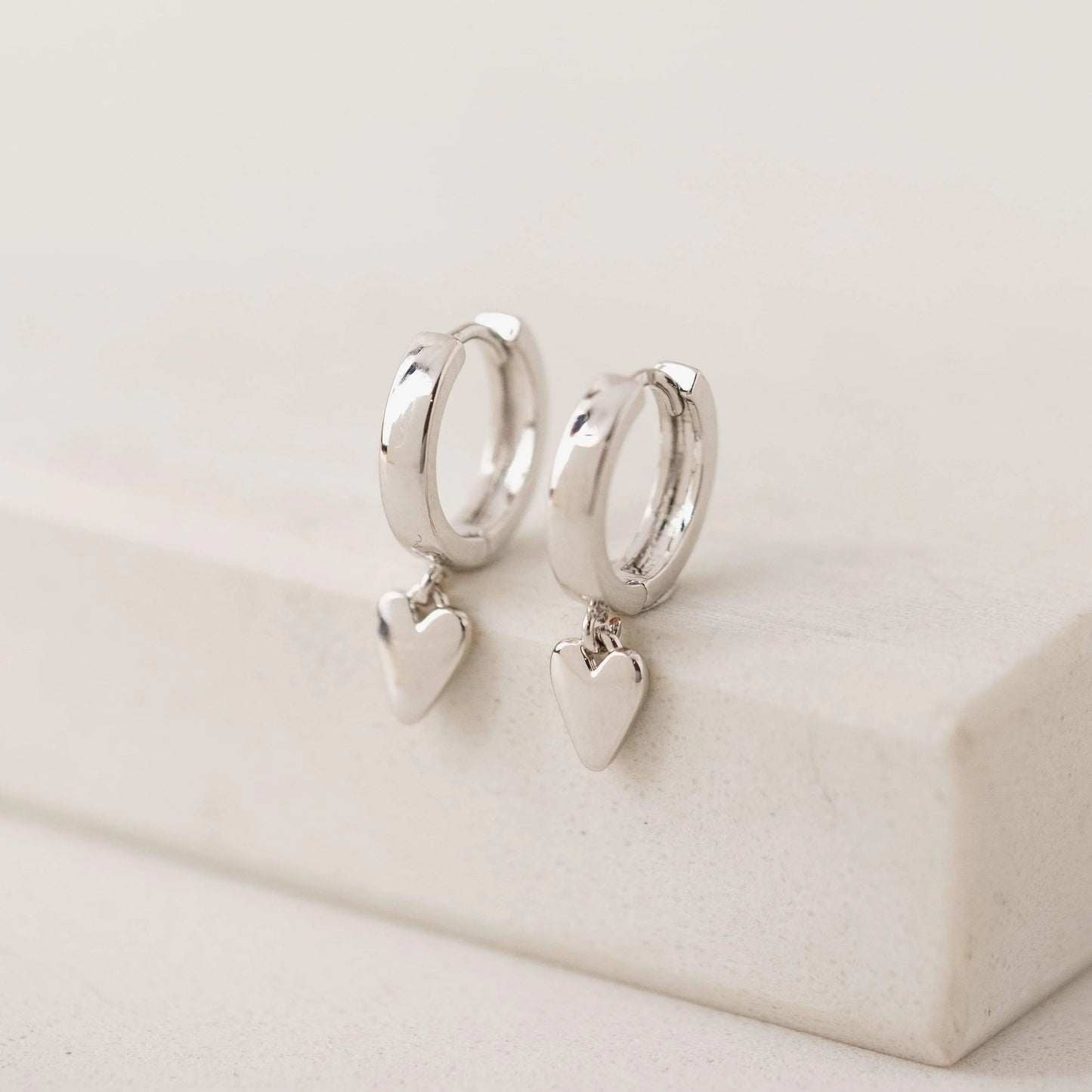 Everly Heart Huggie Drop Hoop Earrings Silver