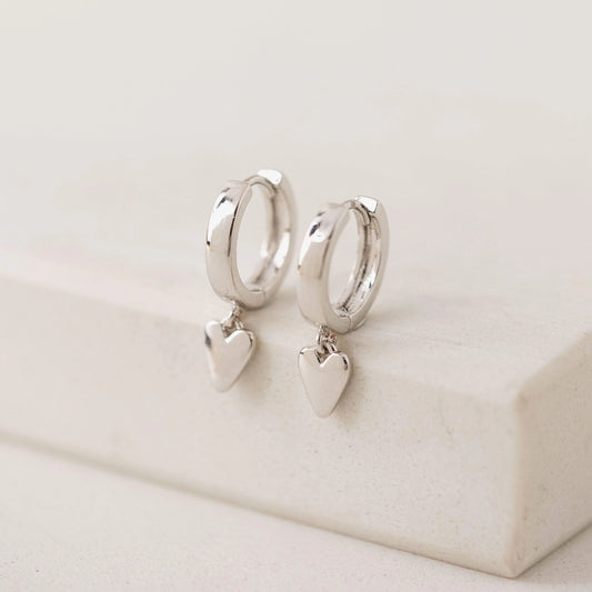 Everly Heart Huggie Drop Hoop Earrings Silver