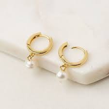 Amari Pearl Huggie Drop Hoop Earrings Gold